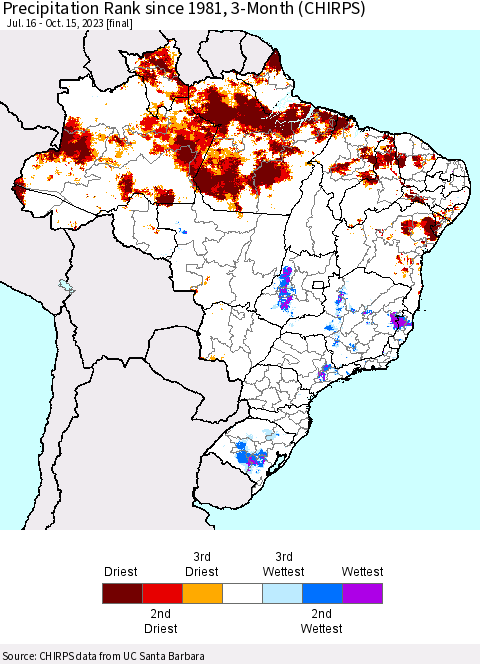 Brazil Precipitation Rank since 1981, 3-Month (CHIRPS) Thematic Map For 7/16/2023 - 10/15/2023