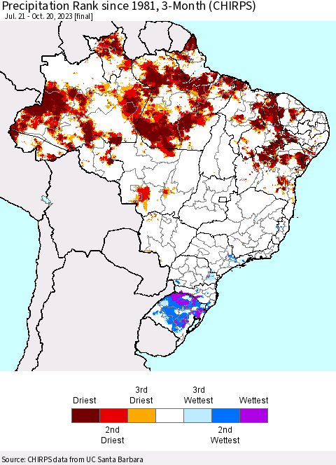 Brazil Precipitation Rank since 1981, 3-Month (CHIRPS) Thematic Map For 7/21/2023 - 10/20/2023