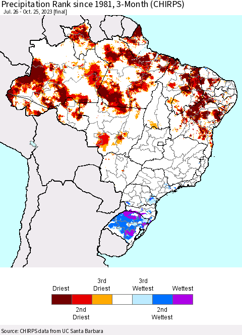 Brazil Precipitation Rank since 1981, 3-Month (CHIRPS) Thematic Map For 7/26/2023 - 10/25/2023