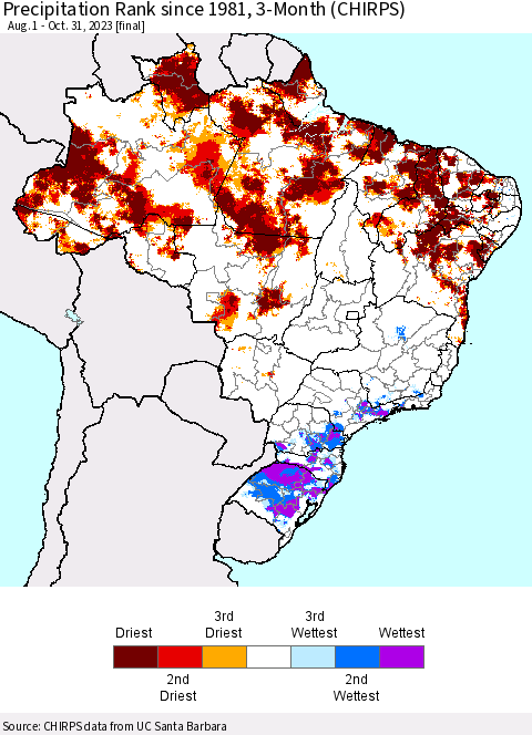 Brazil Precipitation Rank since 1981, 3-Month (CHIRPS) Thematic Map For 8/1/2023 - 10/31/2023
