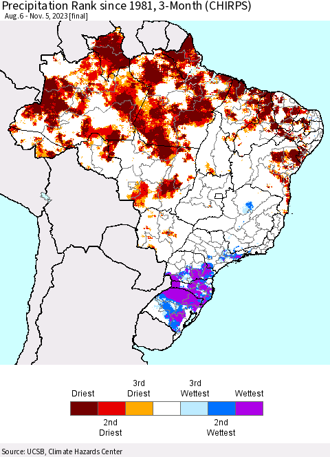 Brazil Precipitation Rank since 1981, 3-Month (CHIRPS) Thematic Map For 8/6/2023 - 11/5/2023