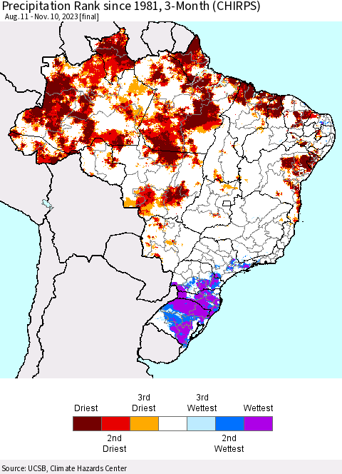 Brazil Precipitation Rank since 1981, 3-Month (CHIRPS) Thematic Map For 8/11/2023 - 11/10/2023