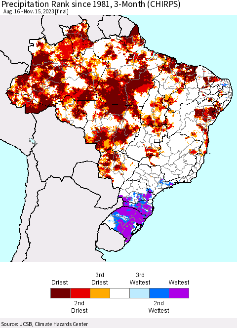 Brazil Precipitation Rank since 1981, 3-Month (CHIRPS) Thematic Map For 8/16/2023 - 11/15/2023