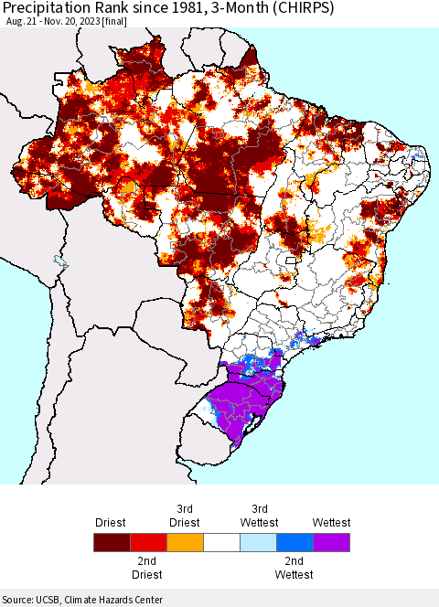 Brazil Precipitation Rank since 1981, 3-Month (CHIRPS) Thematic Map For 8/21/2023 - 11/20/2023