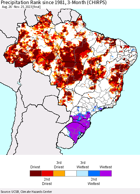 Brazil Precipitation Rank since 1981, 3-Month (CHIRPS) Thematic Map For 8/26/2023 - 11/25/2023