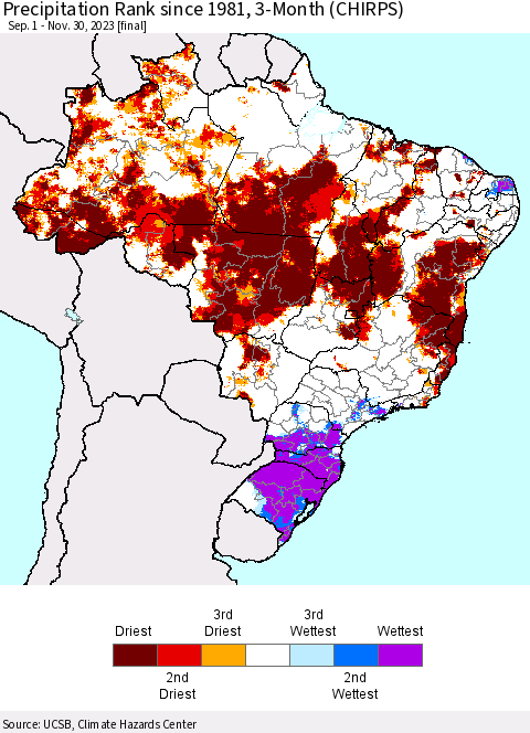 Brazil Precipitation Rank since 1981, 3-Month (CHIRPS) Thematic Map For 9/1/2023 - 11/30/2023