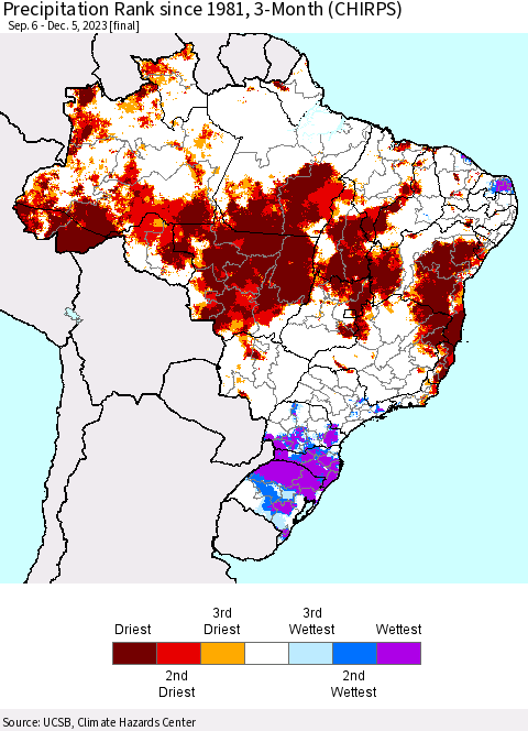 Brazil Precipitation Rank since 1981, 3-Month (CHIRPS) Thematic Map For 9/6/2023 - 12/5/2023