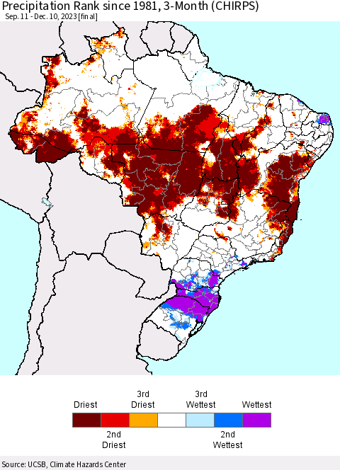Brazil Precipitation Rank since 1981, 3-Month (CHIRPS) Thematic Map For 9/11/2023 - 12/10/2023