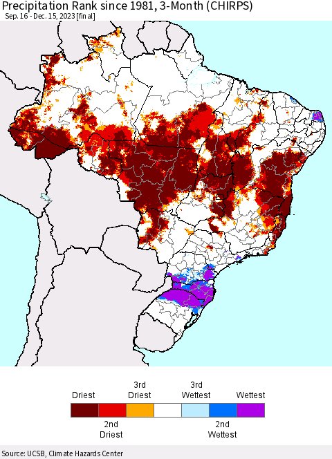 Brazil Precipitation Rank since 1981, 3-Month (CHIRPS) Thematic Map For 9/16/2023 - 12/15/2023