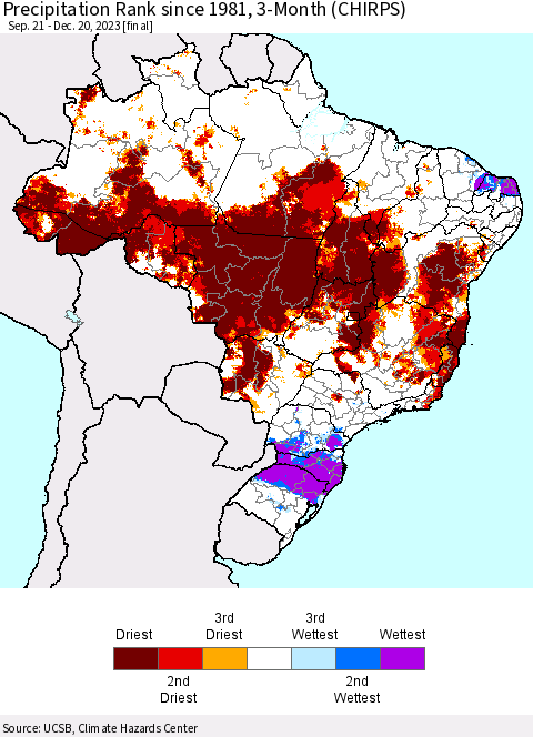 Brazil Precipitation Rank since 1981, 3-Month (CHIRPS) Thematic Map For 9/21/2023 - 12/20/2023