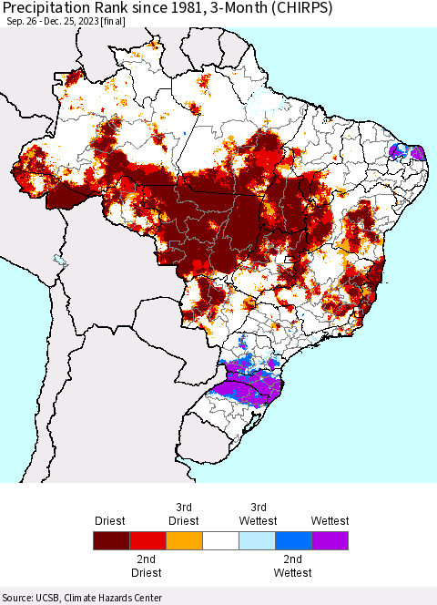 Brazil Precipitation Rank since 1981, 3-Month (CHIRPS) Thematic Map For 9/26/2023 - 12/25/2023