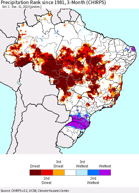 Brazil Precipitation Rank since 1981, 3-Month (CHIRPS) Thematic Map For 10/1/2023 - 12/31/2023