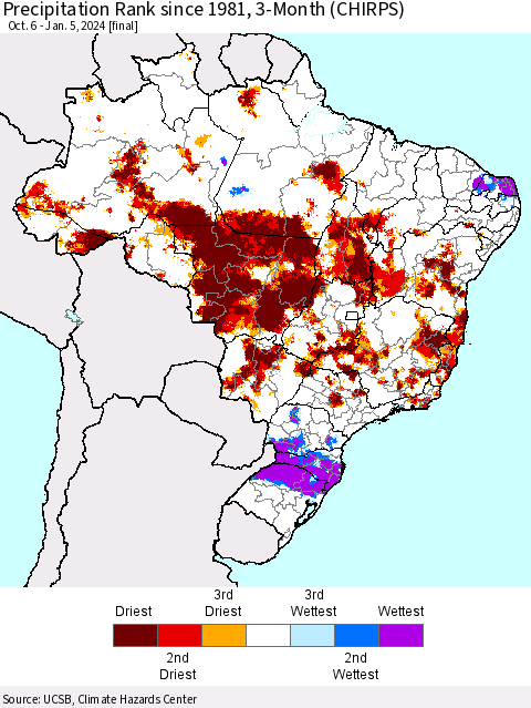 Brazil Precipitation Rank since 1981, 3-Month (CHIRPS) Thematic Map For 10/6/2023 - 1/5/2024