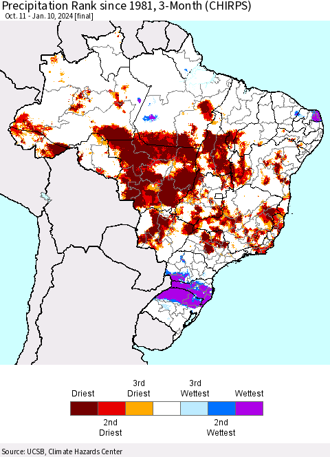 Brazil Precipitation Rank since 1981, 3-Month (CHIRPS) Thematic Map For 10/11/2023 - 1/10/2024