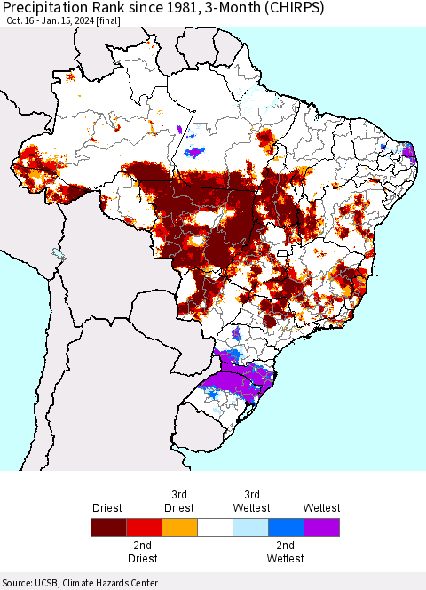 Brazil Precipitation Rank since 1981, 3-Month (CHIRPS) Thematic Map For 10/16/2023 - 1/15/2024