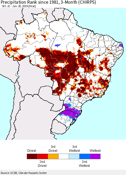 Brazil Precipitation Rank since 1981, 3-Month (CHIRPS) Thematic Map For 10/21/2023 - 1/20/2024