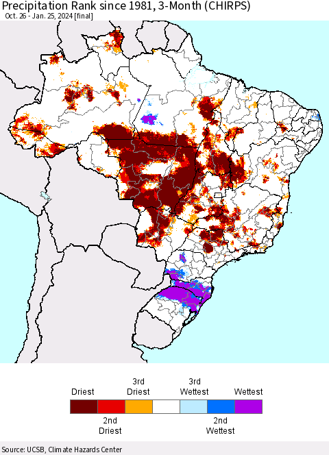Brazil Precipitation Rank since 1981, 3-Month (CHIRPS) Thematic Map For 10/26/2023 - 1/25/2024
