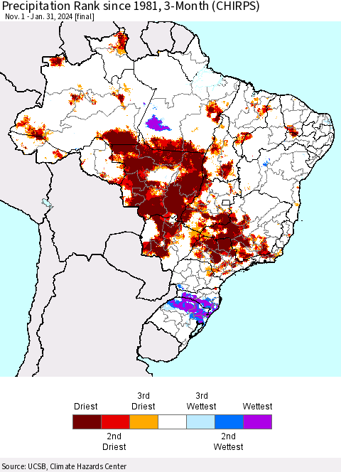 Brazil Precipitation Rank since 1981, 3-Month (CHIRPS) Thematic Map For 11/1/2023 - 1/31/2024