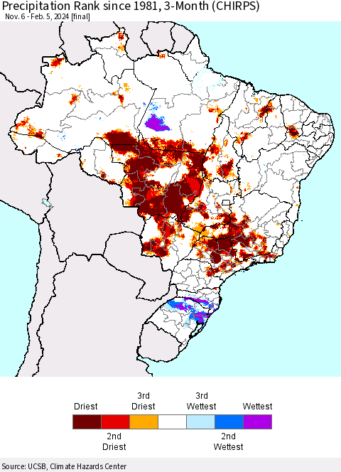 Brazil Precipitation Rank since 1981, 3-Month (CHIRPS) Thematic Map For 11/6/2023 - 2/5/2024