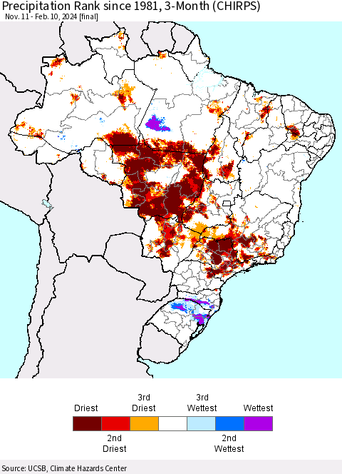 Brazil Precipitation Rank since 1981, 3-Month (CHIRPS) Thematic Map For 11/11/2023 - 2/10/2024