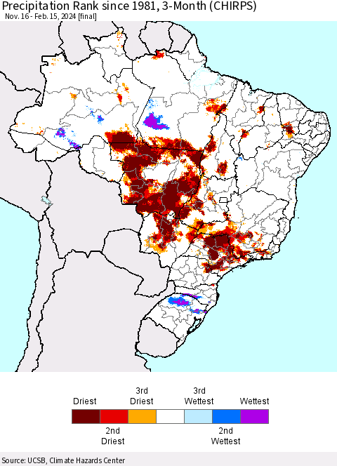Brazil Precipitation Rank since 1981, 3-Month (CHIRPS) Thematic Map For 11/16/2023 - 2/15/2024