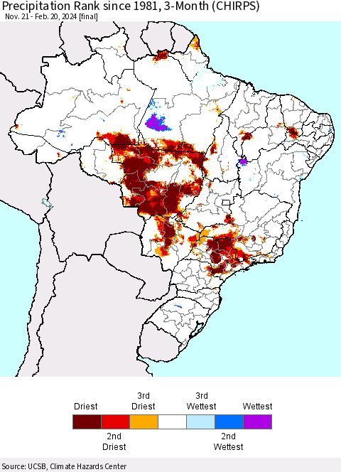 Brazil Precipitation Rank since 1981, 3-Month (CHIRPS) Thematic Map For 11/21/2023 - 2/20/2024
