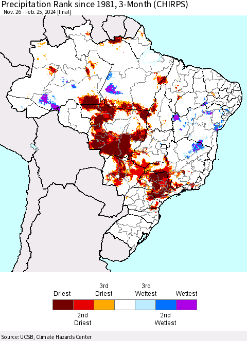 Brazil Precipitation Rank since 1981, 3-Month (CHIRPS) Thematic Map For 11/26/2023 - 2/25/2024