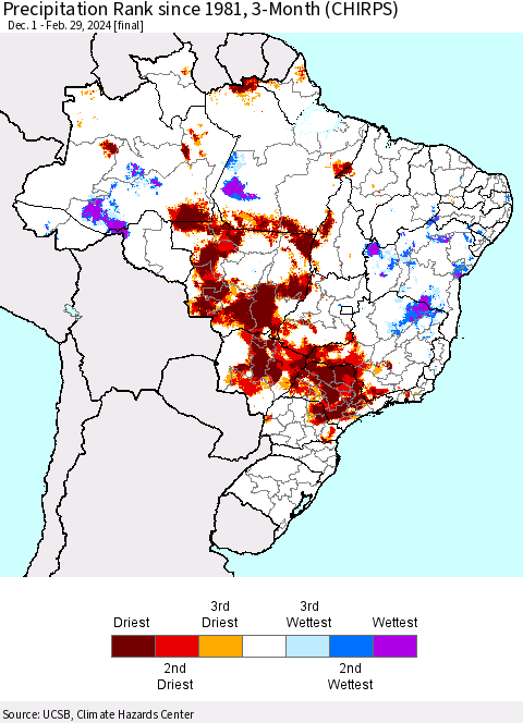 Brazil Precipitation Rank since 1981, 3-Month (CHIRPS) Thematic Map For 12/1/2023 - 2/29/2024