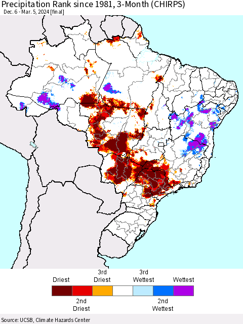 Brazil Precipitation Rank since 1981, 3-Month (CHIRPS) Thematic Map For 12/6/2023 - 3/5/2024