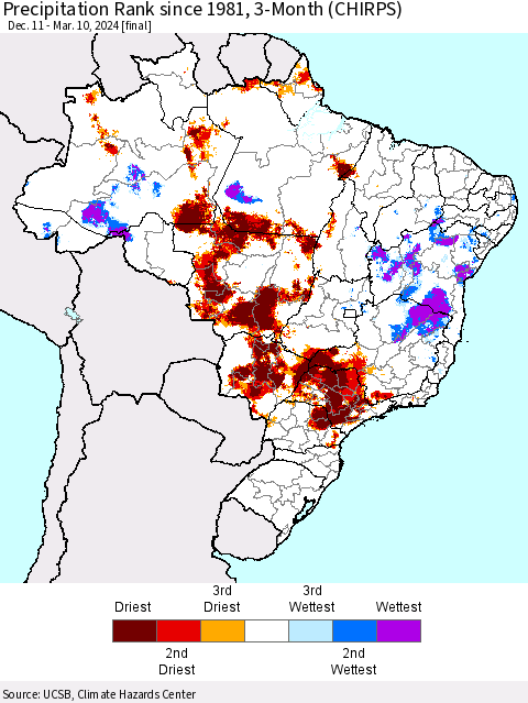 Brazil Precipitation Rank since 1981, 3-Month (CHIRPS) Thematic Map For 12/11/2023 - 3/10/2024