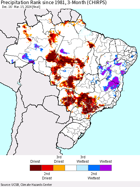 Brazil Precipitation Rank since 1981, 3-Month (CHIRPS) Thematic Map For 12/16/2023 - 3/15/2024