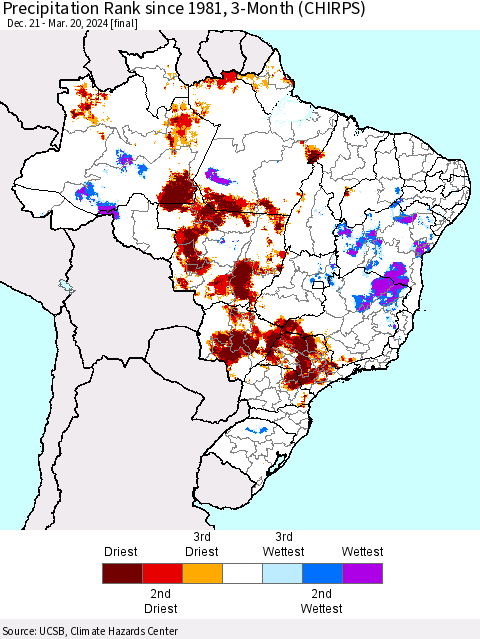 Brazil Precipitation Rank since 1981, 3-Month (CHIRPS) Thematic Map For 12/21/2023 - 3/20/2024