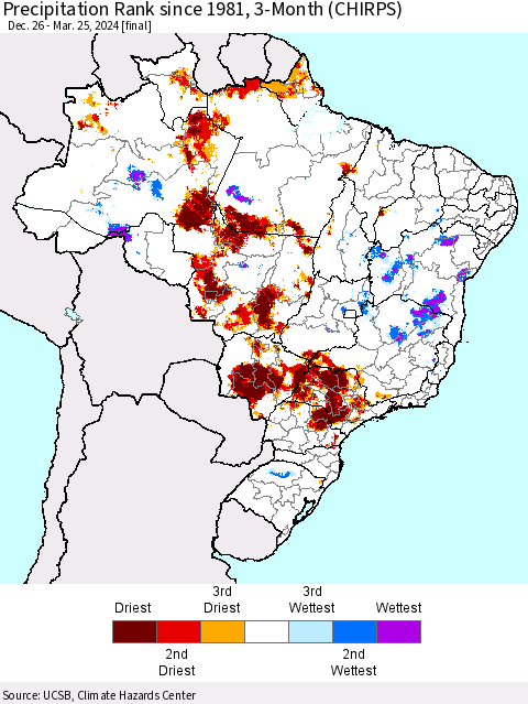 Brazil Precipitation Rank since 1981, 3-Month (CHIRPS) Thematic Map For 12/26/2023 - 3/25/2024