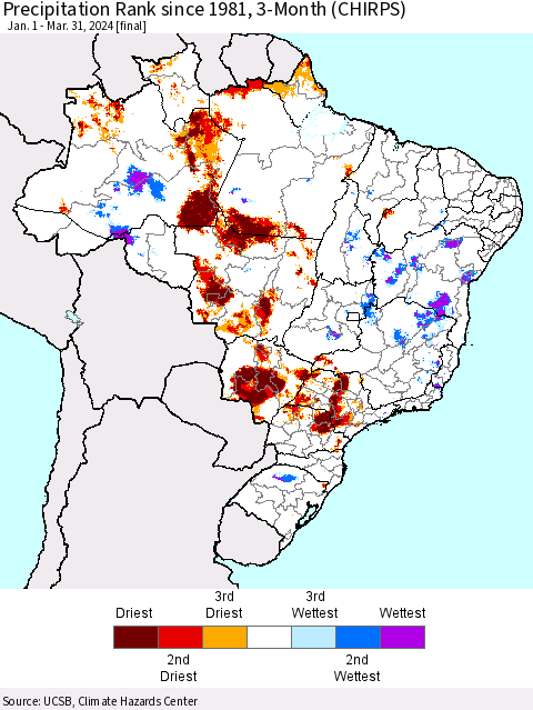 Brazil Precipitation Rank since 1981, 3-Month (CHIRPS) Thematic Map For 1/1/2024 - 3/31/2024