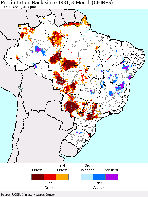 Brazil Precipitation Rank since 1981, 3-Month (CHIRPS) Thematic Map For 1/6/2024 - 4/5/2024
