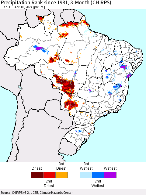 Brazil Precipitation Rank since 1981, 3-Month (CHIRPS) Thematic Map For 1/11/2024 - 4/10/2024