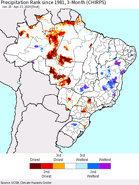 Brazil Precipitation Rank since 1981, 3-Month (CHIRPS) Thematic Map For 1/16/2024 - 4/15/2024