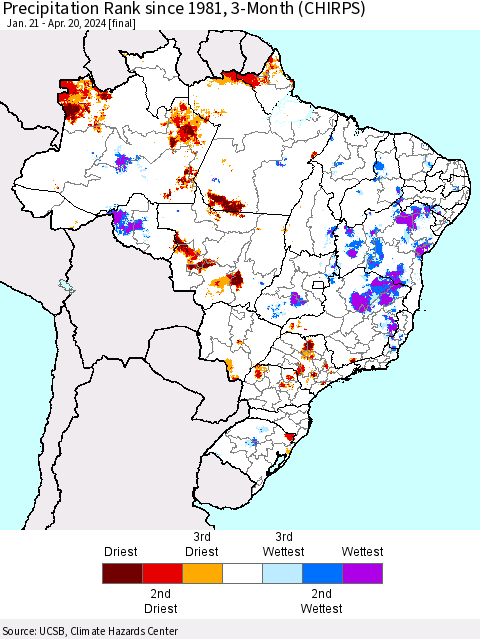Brazil Precipitation Rank since 1981, 3-Month (CHIRPS) Thematic Map For 1/21/2024 - 4/20/2024