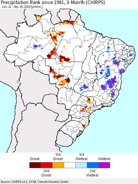 Brazil Precipitation Rank since 1981, 3-Month (CHIRPS) Thematic Map For 1/21/2024 - 4/20/2024