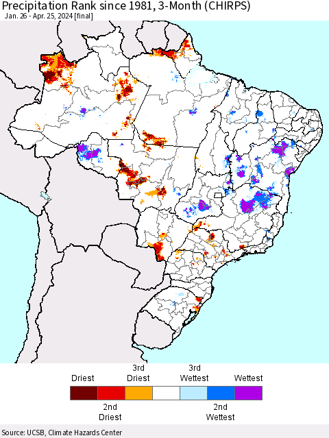Brazil Precipitation Rank since 1981, 3-Month (CHIRPS) Thematic Map For 1/26/2024 - 4/25/2024