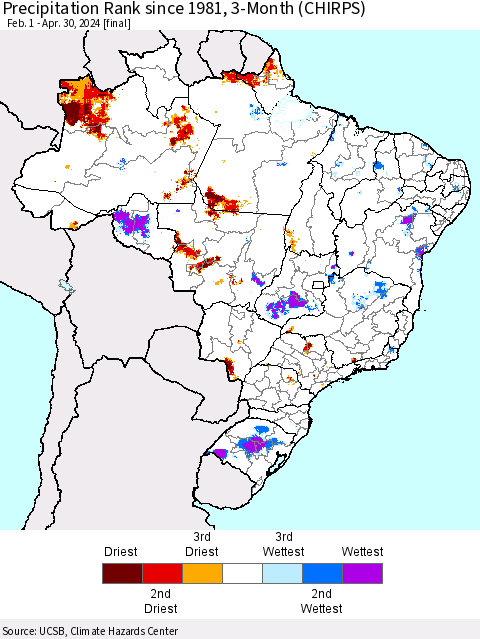Brazil Precipitation Rank since 1981, 3-Month (CHIRPS) Thematic Map For 2/1/2024 - 4/30/2024