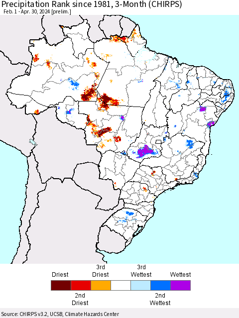 Brazil Precipitation Rank since 1981, 3-Month (CHIRPS) Thematic Map For 2/1/2024 - 4/30/2024