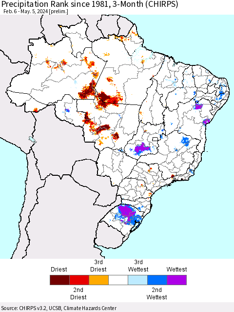 Brazil Precipitation Rank since 1981, 3-Month (CHIRPS) Thematic Map For 2/6/2024 - 5/5/2024