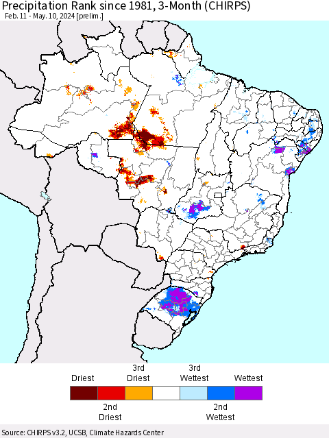 Brazil Precipitation Rank since 1981, 3-Month (CHIRPS) Thematic Map For 2/11/2024 - 5/10/2024