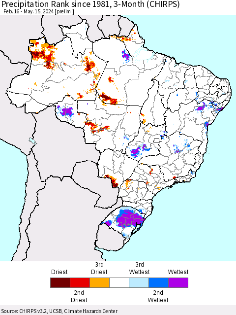 Brazil Precipitation Rank since 1981, 3-Month (CHIRPS) Thematic Map For 2/16/2024 - 5/15/2024