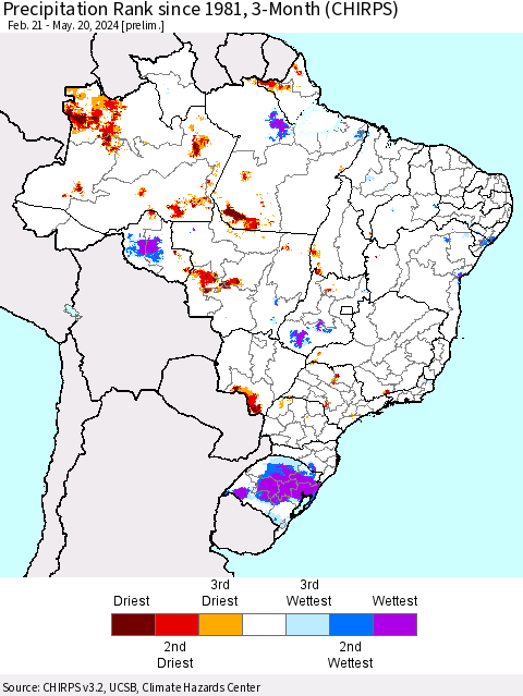 Brazil Precipitation Rank since 1981, 3-Month (CHIRPS) Thematic Map For 2/21/2024 - 5/20/2024