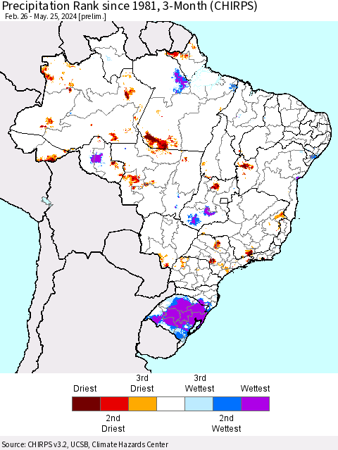 Brazil Precipitation Rank since 1981, 3-Month (CHIRPS) Thematic Map For 2/26/2024 - 5/25/2024
