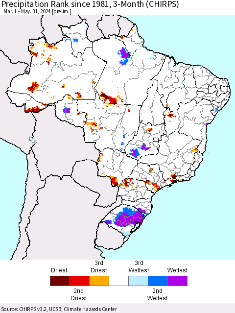 Brazil Precipitation Rank since 1981, 3-Month (CHIRPS) Thematic Map For 3/1/2024 - 5/31/2024