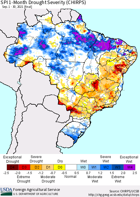 Brazil SPI 1-Month Drought Severity (CHIRPS) Thematic Map For 9/1/2021 - 9/30/2021