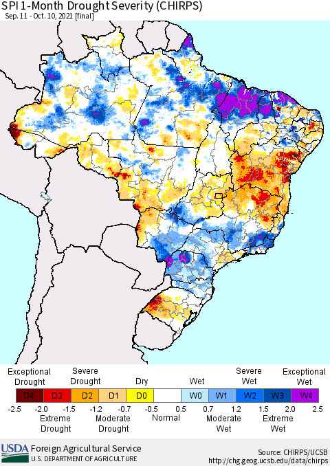 Brazil SPI 1-Month Drought Severity (CHIRPS) Thematic Map For 9/11/2021 - 10/10/2021